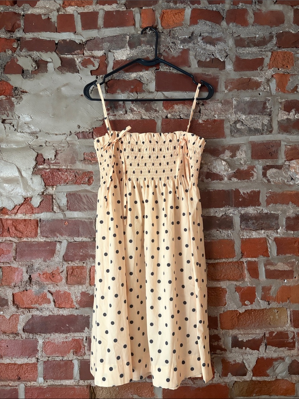 Smocked Polka Dot Spaghetti Strap Dress in Yellow